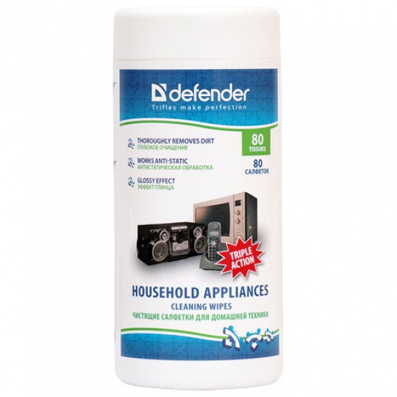 Салфетки чистящие Defender CLN30850 для домашней техники и сильнозагрязненных поверхностей, в тубе 80шт.