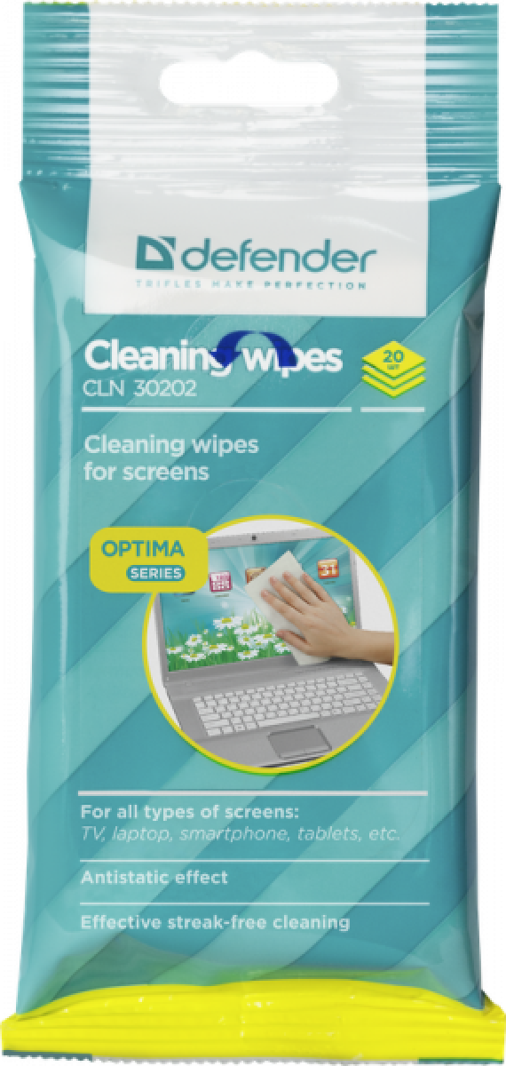 Салфетки чистящие Defender CLN30202 OPTIMA для экранов всех типов, в мягкой упаковке 20шт.