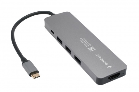 Док-станция USB Type-C Gembird UHB-D1, 5 портов: 3хUSB 3.1, Type-C PD100W, HDMI) серый, алюминиевый корпус