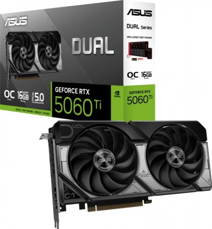 Видеокарта 16Gb PCI-E, GDDR7, Asus GeForce RTX 5060 Ti DUAL OC (NV RTX 5060 Ti/128bit/HDMI/DP) DUAL-RTX5060TI-O16G
