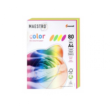 Набор цветной бумаги  А4 80 гр/м2, Master/Color, 200 листов, MIX NEON (4 цвета по 50 листов)