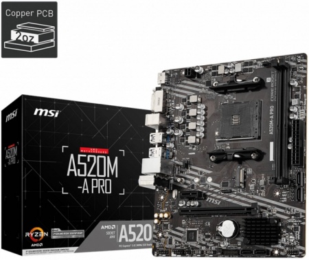 Системная плата MSI A520M-A PRO (AM4, A520, 2xDDR4, mATX, аудио 7.1, 1xPCI-Ex16, 1xM.2, VGA, HDMI)