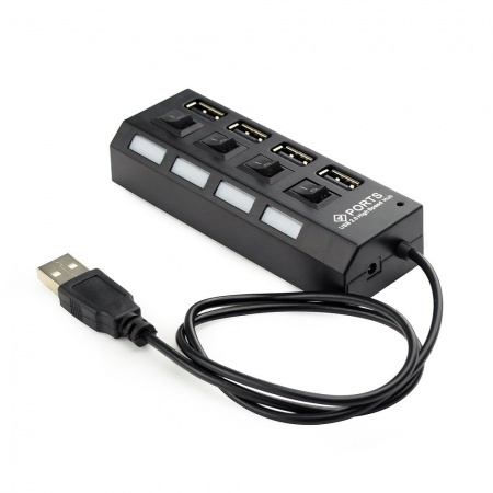 Разветвитель USB-хаб 2.0 Gembird UHB-U2P4-02, 4 порта, подсветка и выключатели, блок питания, черный