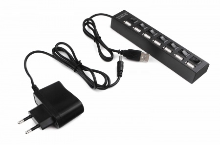 Разветвитель USB-хаб 2.0 Gembird UHB-U2P7-02, 7 портов, подсветка и выключатели, блок питания, черный
