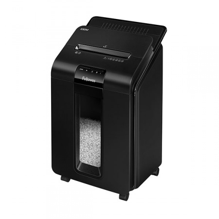 Уничтожитель документов Fellowes® AutoMax® 100M, минирезка, DIN P-4, 4х10 мм, автоподача 100 лст., 23 лтр., автореверс, уничт.: скобы, скрепки, пл. карты.