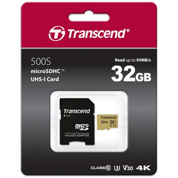 Карта памяти 32Gb microSDHC Transcend Class 10 UHS-I U-3+ адаптер (TS32GUSD500S)