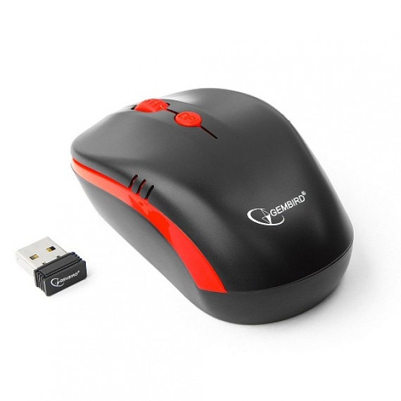 Мышь беспроводная Gembird MUSW-350, 2.4ГГц, черный/красный, встроенный аккумулятор, 3 кнопки+колесо-кнопка, 1600 DPI, батарейки в комплекте, блистер