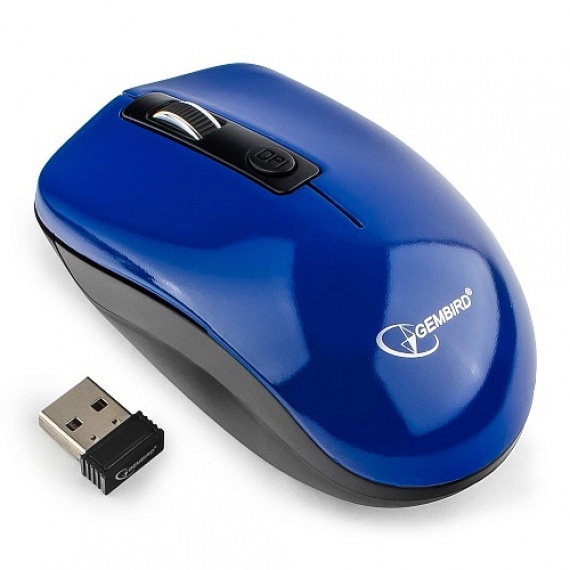 Мышь беспроводная Gembird MUSW-400-B, 2.4ГГц, синий, бесшумный клик, 3 кнопки+колесо-кнопка, 1600 DPI, батарейки в комплекте, блистер