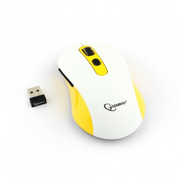 Мышь беспроводная Gembird MUSW-221-Y, белый/жёлтый, 5кн.+колесо-кнопка, 2.4ГГц, 800/1200/1600 dpi